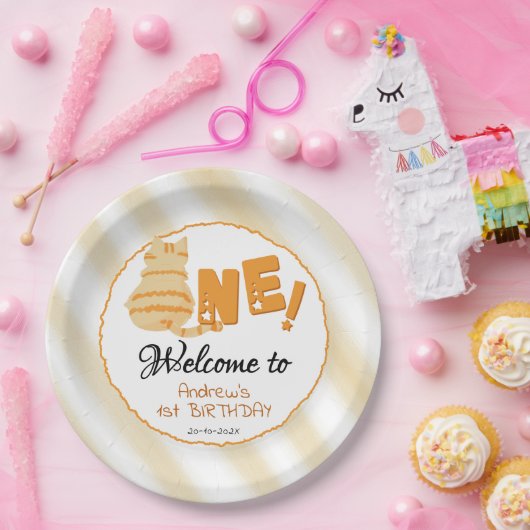 Cute Fat Orange Cat 1st Birthday Papieren Bordje (Feest)