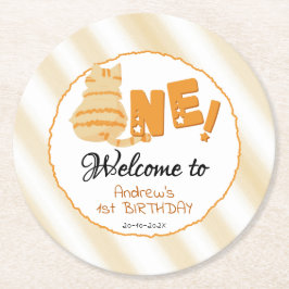 Cute Fat Orange Cat 1st Birthday Ronde Kartonnen Onderzetter