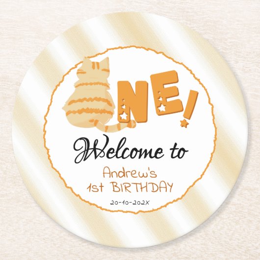 Cute Fat Orange Cat 1st Birthday Ronde Kartonnen Onderzetter (Voorkant)