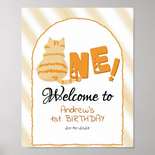 Cute Fat Orange Cat 1st Birthday Welcome Sign Poster (Voorkant)