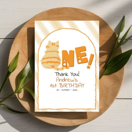 Cute Fat Orange Cat Stripes 1st Birthday Bedankkaart