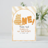 Cute Fat Orange Cat Stripes 1st Birthday Bedankkaart (Staand voorkant)