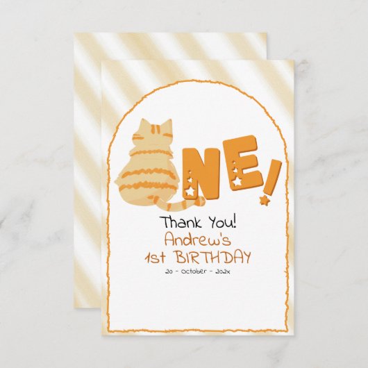 Cute Fat Orange Cat Stripes 1st Birthday Bedankkaart (Voorkant / Achterkant)