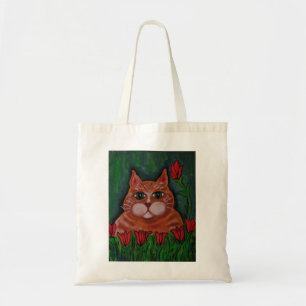 Cute Fat Oranje Tabby Cat and bloemen Canvas tas