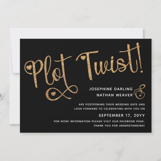 Cute Faux Gold Black Plot Twist Postponed Weddensc Save The Date (Voorkant)