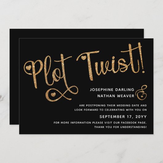 Cute Faux Gold Black Plot Twist Postponed Weddensc Save The Date (Voorkant / Achterkant)