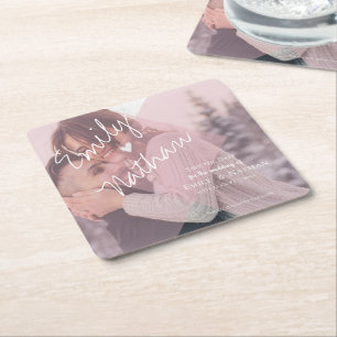Cute Faux Vellum Heart Pastel Pink Foto Weddenscha Kartonnen Onderzetters
