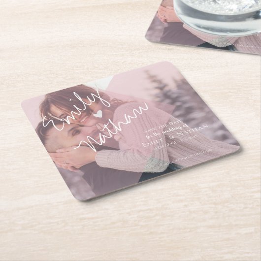 Cute Faux Vellum Heart Pastel Pink Foto Weddenscha Kartonnen Onderzetters (Schuin)