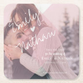 Cute Faux Vellum Heart Pastel Pink Foto Weddenscha Kartonnen Onderzetters (Voorkant)