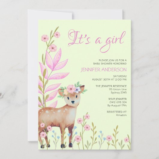 Cute Fawn Forest Deer Baby shower Girl Invitation Kaart (Voorkant)