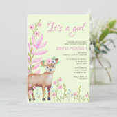 Cute Fawn Forest Deer Baby shower Girl Invitation Kaart (Staand voorkant)