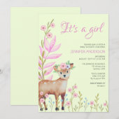 Cute Fawn Forest Deer Baby shower Girl Invitation Kaart (Voorkant / Achterkant)