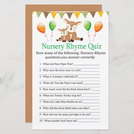 Cute fawn Nursery Rhyme Quiz baby shower game (Voorkant / Achterkant)