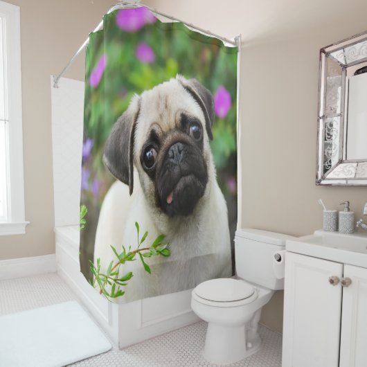 Cute fawn pug puppy, badkamer Tub Douchegordijn (In situ)