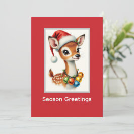 Cute Fawn Rendier Kerstman Hoed Feestdagenkaart