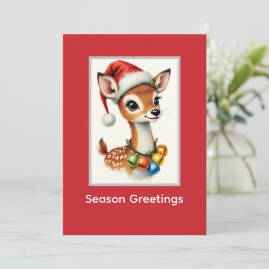 Cute Fawn Rendier Kerstman Hoed  Feestdagenkaart (Staand voorkant)