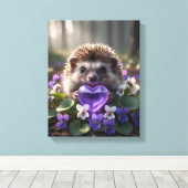 Cute February Hedgehog with Amethyst Heart Canvas Afdruk (Insitu (Houten vloer))