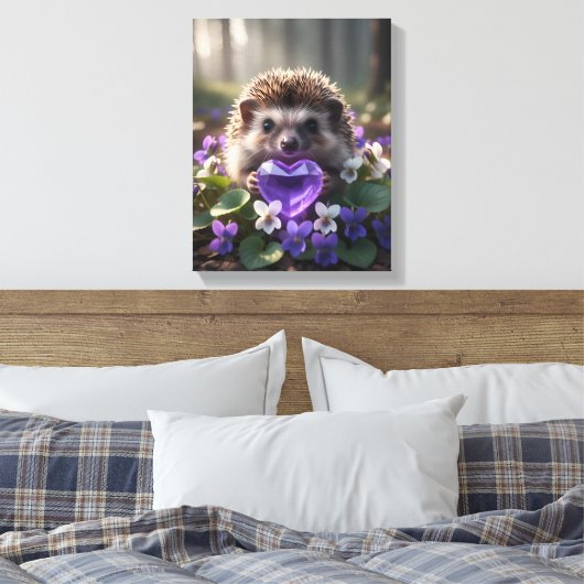 Cute February Hedgehog with Amethyst Heart Canvas Afdruk (Insitu (Slaapkamer))