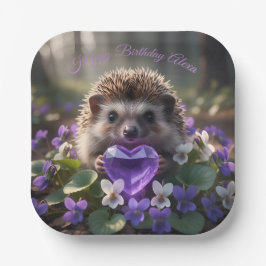 Cute February Hedgehog with Amethyst Heart Papieren Bordje