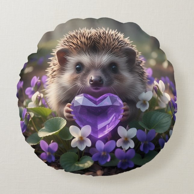 Cute February Hedgehog with Amethyst Heart Rond Kussen (Voorkant)