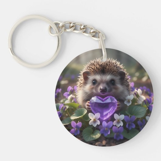 Cute February Hedgehog with Amethyst Heart Sleutelhanger (Voorkant)