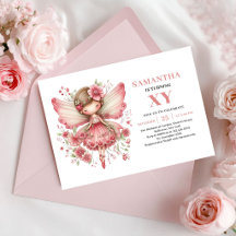 Cute Feeënmeisje Verjaardags Bloem Roze Uitnodigin