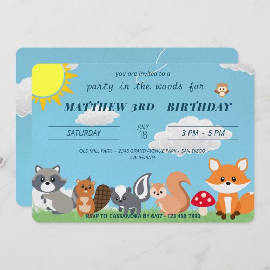 Cute Feest In De Bosdieren Kinderen Verjaardag Kaart (Voorkant / Achterkant)