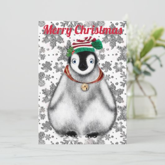 Cute feestelijke vakantie Pinguïn glittersneeuwvlo Feestdagenkaart (Staand voorkant)