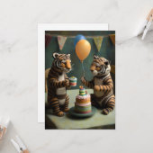 Cute Felted Tigers Birthday Flat Wenskaart Kaart (Voorkant / Achterkant in situ)
