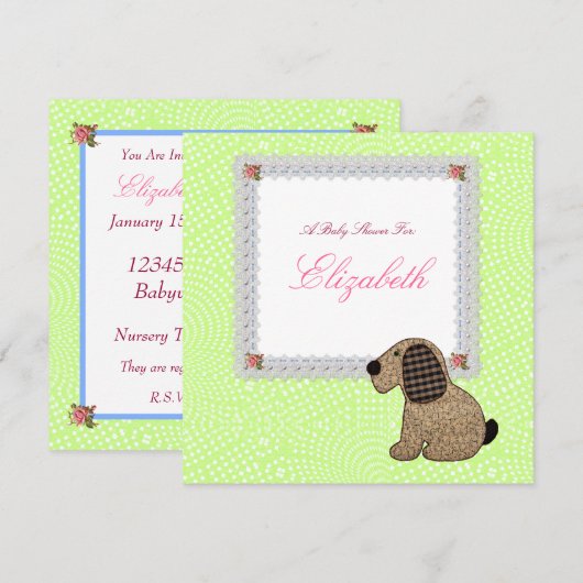 Cute Feminine Girl Gingham Dog Baby shower Kaart (Voorkant / Achterkant)