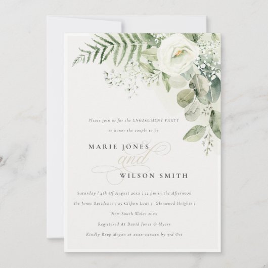 Cute Fern Greenery White Floral Verloving Invite Bedankkaart (Voorkant)