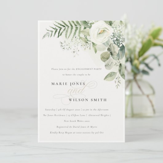 Cute Fern Greenery White Floral Verloving Invite Bedankkaart (Staand voorkant)