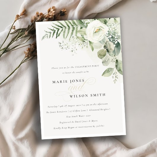 Cute Fern Greenery White Floral Verloving Invite Bedankkaart