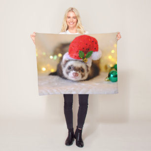 Cute Ferret in Santa Hat Kerstmis Fleece Deken