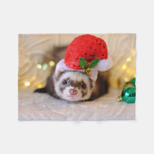 Cute Ferret in Santa Hat Kerstmis Fleece Deken (Voorkant (Horizontaal))