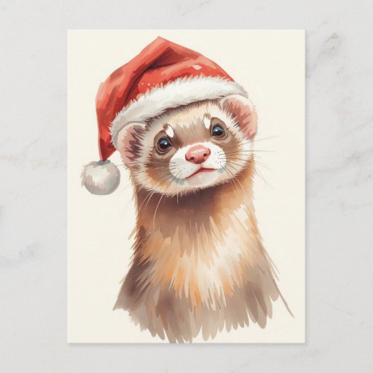 Cute Ferret in Santa Hat Watercolor Feestdagenkaart (Voorkant)