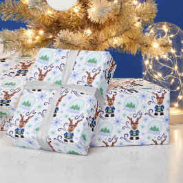 Cute Festive Blue Christmas Reindeer Cadeaupapier