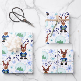 Cute Festive Blue Christmas Reindeer Inpakpapier Vel
