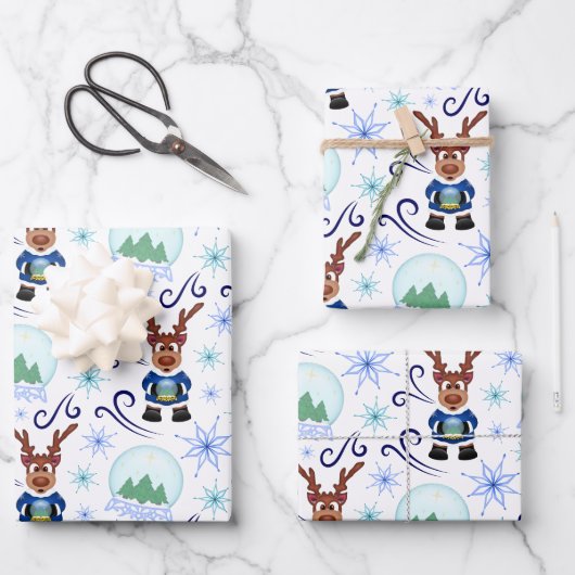 Cute Festive Blue Christmas Reindeer Inpakpapier Vel (Voorkant)