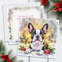 Cute Festive Boston Terrier Personalized Christmas Feestdagenkaart