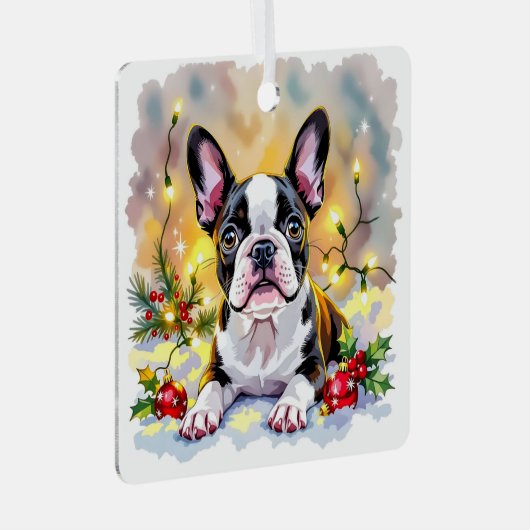 Cute Festive Boston Terrier Personalized Christmas Metalen Ornament (Voorkant Rechts)