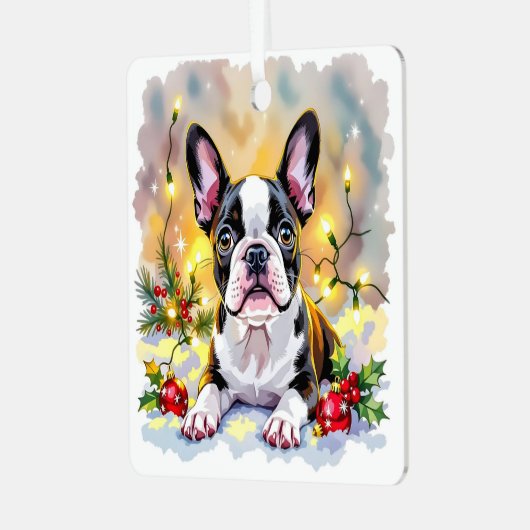 Cute Festive Boston Terrier Personalized Christmas Metalen Ornament (Voorkant links)