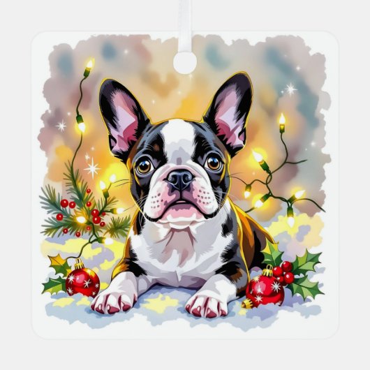 Cute Festive Boston Terrier Personalized Christmas Metalen Ornament (Voorkant)