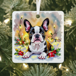 Cute Festive Boston Terrier Personalized Christmas Metalen Ornament