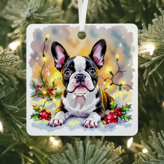Cute Festive Boston Terrier Personalized Christmas Metalen Ornament (Insitu)