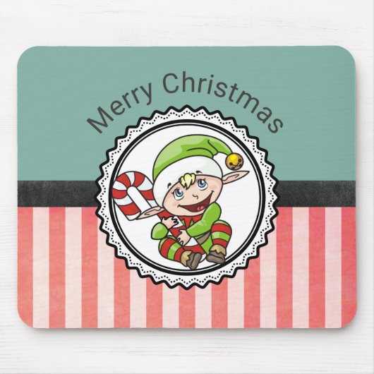 Cute Festive Elf met Candy Cane Merry Kerstmis Muismat (Voorkant)