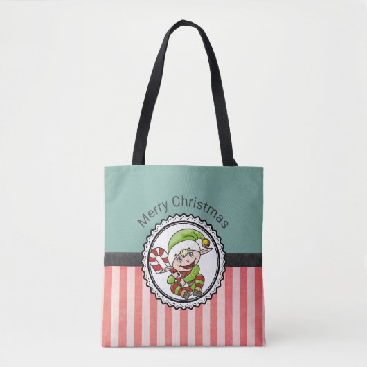 Cute Festive Elf met Candy Cane Merry Kerstmis Tote Bag (Voorkant)