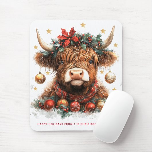 Cute Festive Highland Cow Happy Holidays Business Muismat (Met muis)