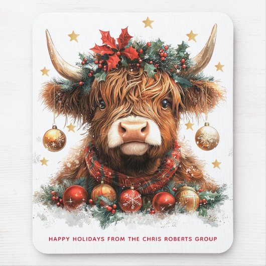 Cute Festive Highland Cow Happy Holidays Business Muismat (Voorkant)