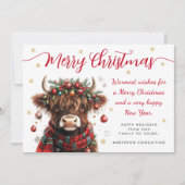 Cute Festive Highland Cow Merry Christmas Business Feestdagenkaart (Voorkant)